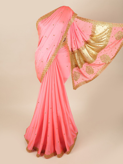 

Pothys Pink & Gold Embellished Beads and Stones Pure Georgette Saree