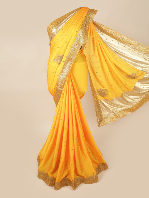 

Pothys Yellow & Gold-Toned Embellished Beads and Stones Pure Georgette Saree