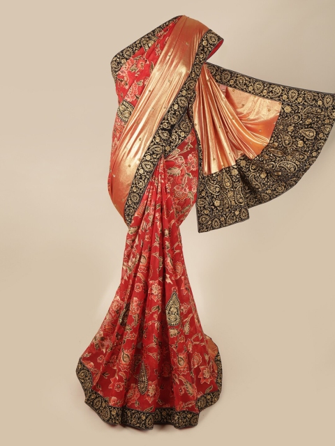 

Pothys Rust & Gold-Toned Floral Embroidered Pure Georgette Saree