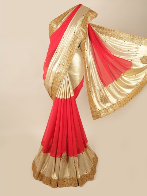 

Pothys Red & Gold-Toned Floral Embellished Pure Georgette Saree