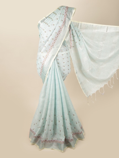 

Pothys Turquoise Blue & Silver-Toned Floral Zari Linen Blend Saree