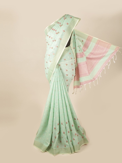 

Pothys Green & Pink Floral Zari Linen Blend Saree