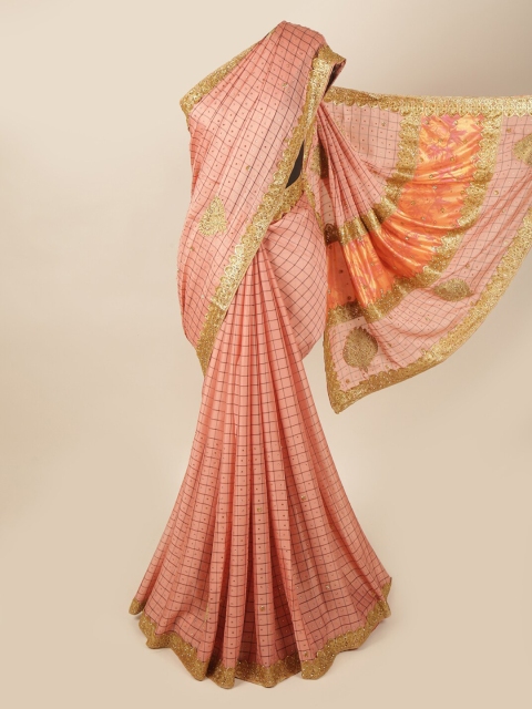 

Pothys Peach-Coloured & Gold-Toned Checked Beads and Stones Pure Georgette Saree
