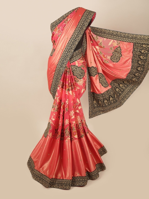 

Pothys Pink & Black Floral Embroidered Pure Georgette Saree