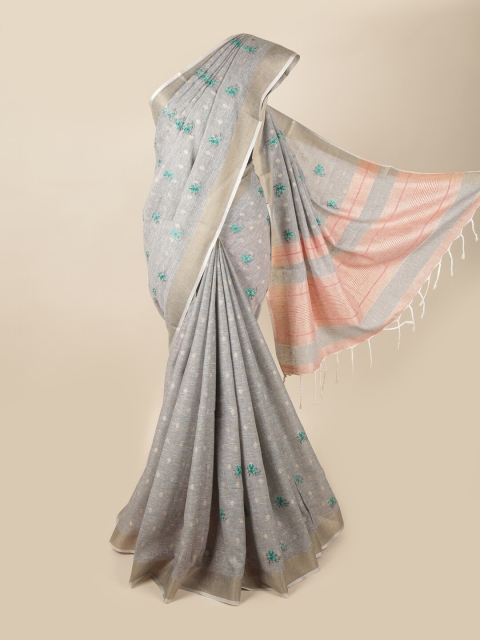 

Pothys Grey & Blue Floral Embroidered Zari Linen Blend Saree