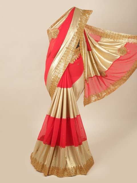 

Pothys Red & Gold-Coloured Embellished Beads and Stones Pure Georgette Saree