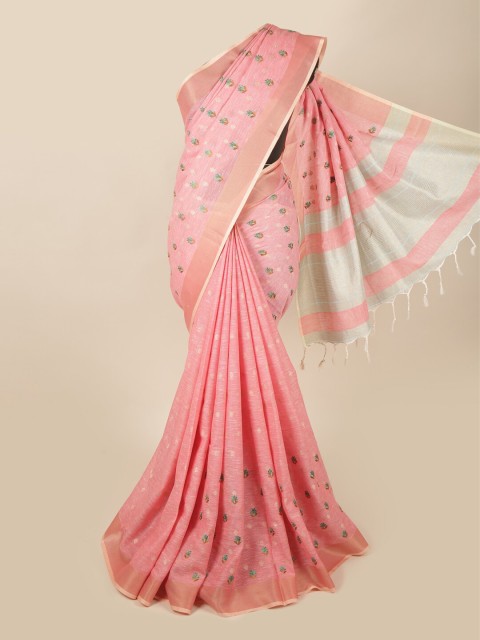 

Pothys Pink & Green Ethnic Motifs Zari Linen Blend Saree