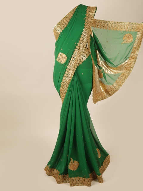 

Pothys Green & Gold-Toned Embellished Beads and Stones Pure Georgette Saree