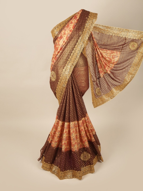 

Pothys Brown & Peach-Coloured Ethnic Motifs Beads and Stones Pure Georgette Saree