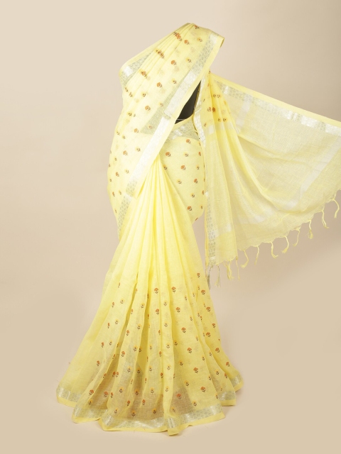 

Pothys Yellow & Orange Floral Zari Linen Blend Saree