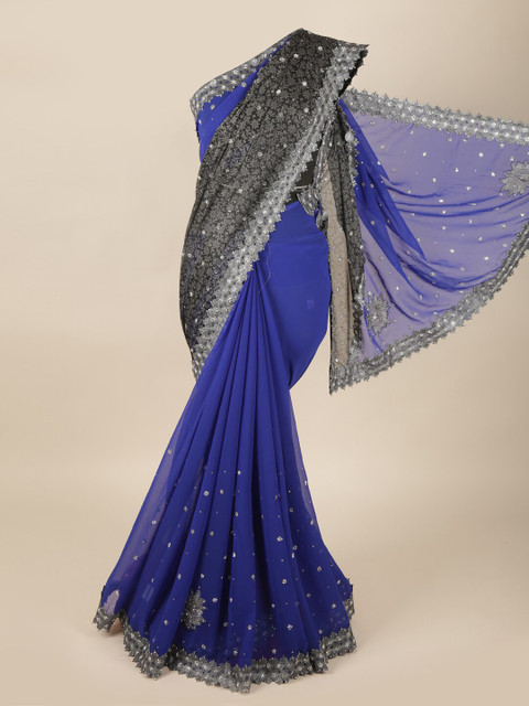 

Pothys Blue & Black Embellished Beads and Stones Pure Georgette Saree