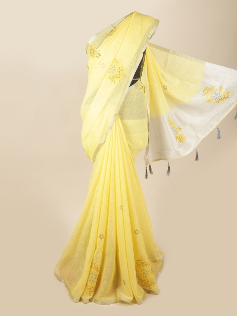 

Pothys Yellow & Silver-Toned Ethnic Motifs Beads and Stones Linen Blend Saree