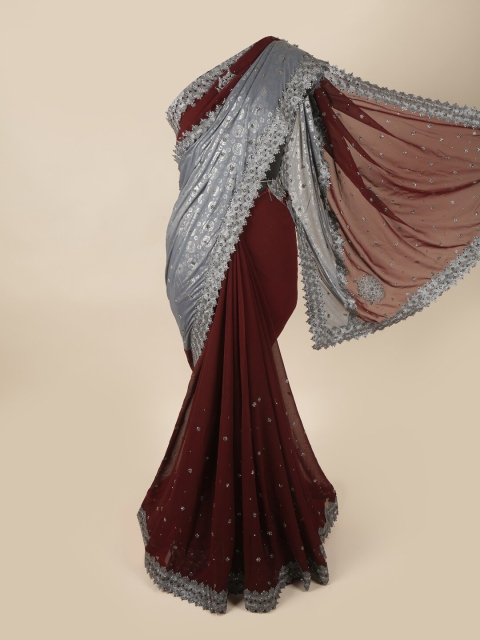 

Pothys Brown & Grey Embellished Beads and Stones Pure Georgette Saree