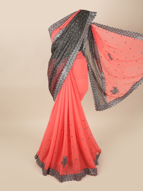 

Pothys Pink & Black Floral Beads and Stones Pure Georgette Half and Half Saree