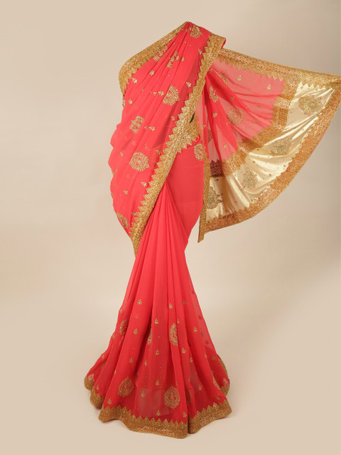 

Pothys Pink & Gold-Toned Floral Zari Pure Georgette Saree