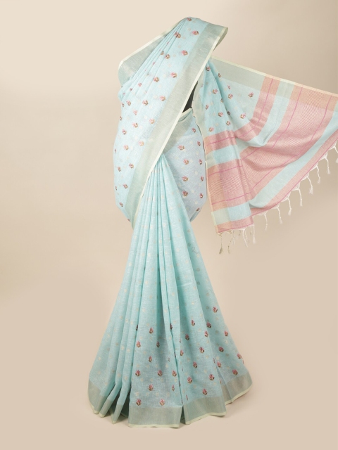 

Pothys Blue & Pink Floral Embroidered Zari Linen Blend Saree
