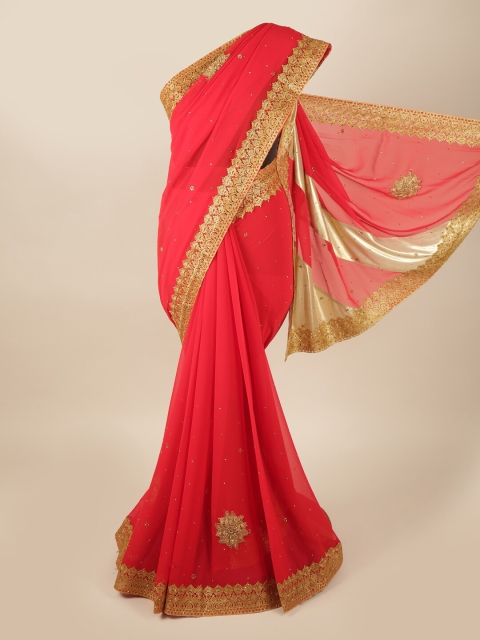 

Pothys Red & Gold-Coloured Embellished Beads and Stones Pure Georgette Saree
