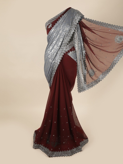 

Pothys Brown & Grey Embellished Beads and Stones Pure Georgette Saree