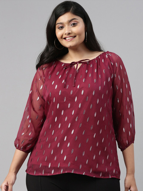 

The Pink Moon Burgundy Tie-Up Neck Regular Top