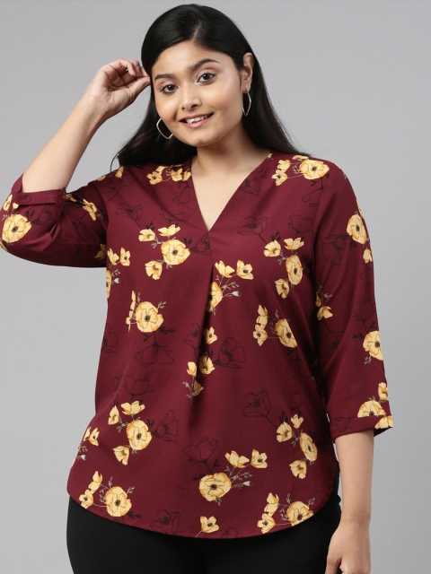 

The Pink Moon Maroon & Yellow Floral Shirt Style Top