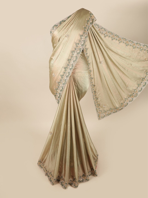 

Pothys Gold-Toned & Green Embellished Beads and Stones Satin Saree