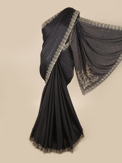 

Pothys Navy Blue & Silver-Toned Embellished Beads and Stones Satin Saree