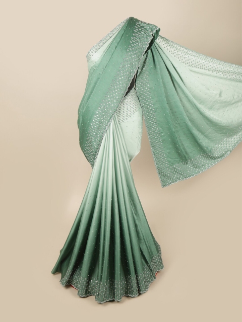 

Pothys Green & Silver-Toned Embellished Beads & Stones Satin Saree