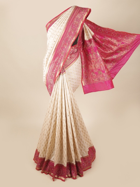 

Pothys Cream-Coloured & Fuchsia Ethnic Motifs Beads and Stones Saree
