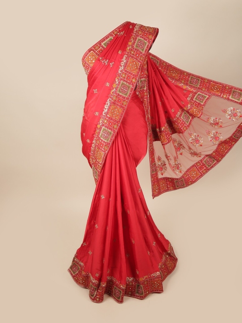 

Pothys Red & Silver-Toned Floral Embroidered Mirror Work Saree
