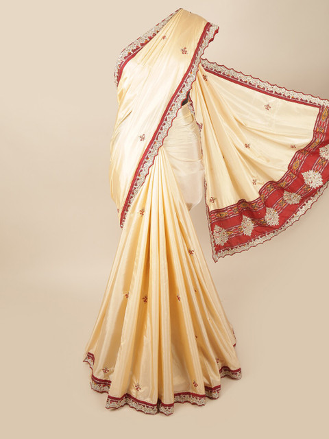 

Pothys Peach-Coloured & Red Floral Beads and Stones Saree