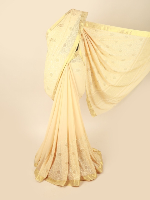 

Pothys Cream-Coloured & Gold-Toned Ethnic Motifs Beads and Stones Saree