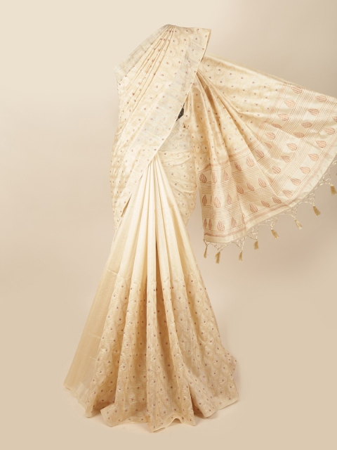 

Pothys Cream-Coloured & Orange Floral Embroidered Art Silk Banarasi Saree