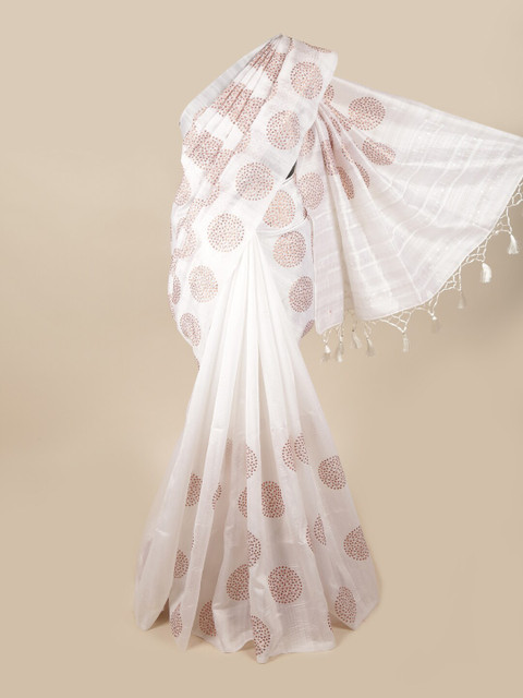 

Pothys White & Copper-Toned Ethnic Motifs Art Silk Banarasi Saree