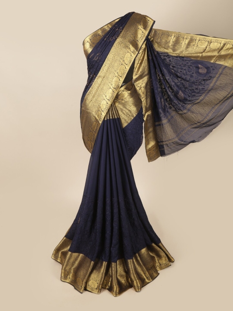 

Pothys Navy Blue & Gold-Toned Ethnic Motifs Beads and Stones Saree