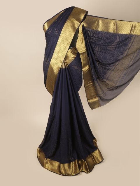 

Pothys Navy Blue & Gold-Toned Ethnic Motifs Zari Saree