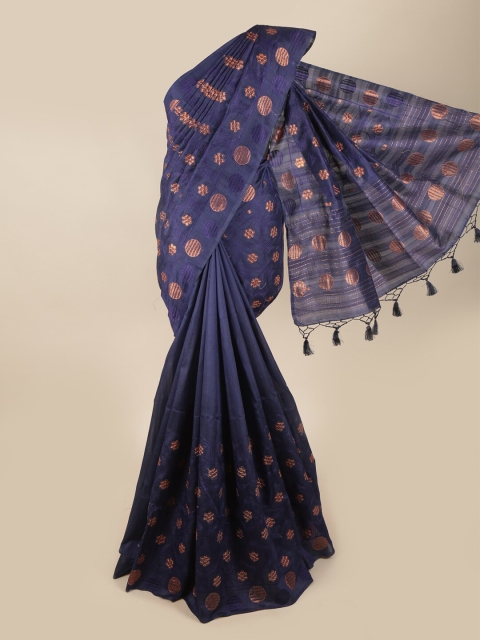 

Pothys Navy Blue & Bronze-Toned Ethnic Motifs Art Silk Banarasi Saree
