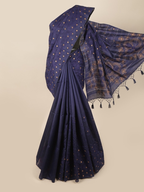 

Pothys Navy Blue & Gold-Toned Floral Embroidered Art Silk Banarasi Saree