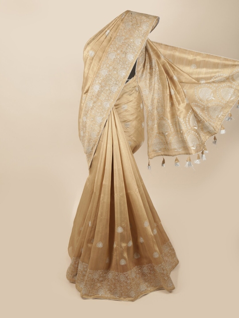 

Pothys Cream-Coloured & Silver-Toned Floral Embroidered Art Silk Banarasi Saree