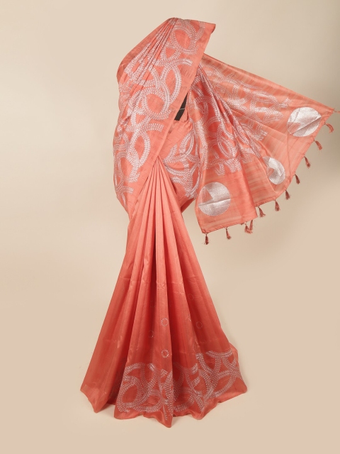 

Pothys Peach-Coloured & Silver-Toned Embroidered Art Silk Banarasi Saree