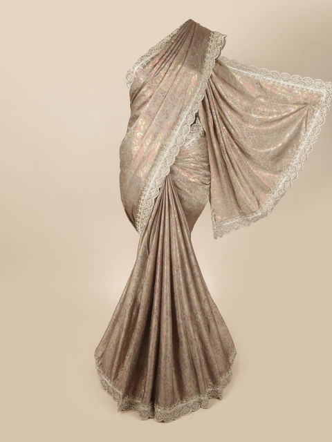 

Pothys Brown & Gold-Toned Floral Satin Saree