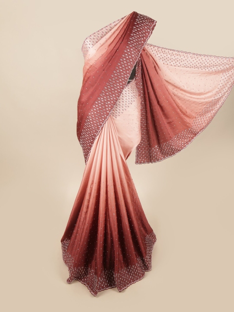 

Pothys Maroon & Peach-Coloured Embellished Beads and Stones Satin Saree