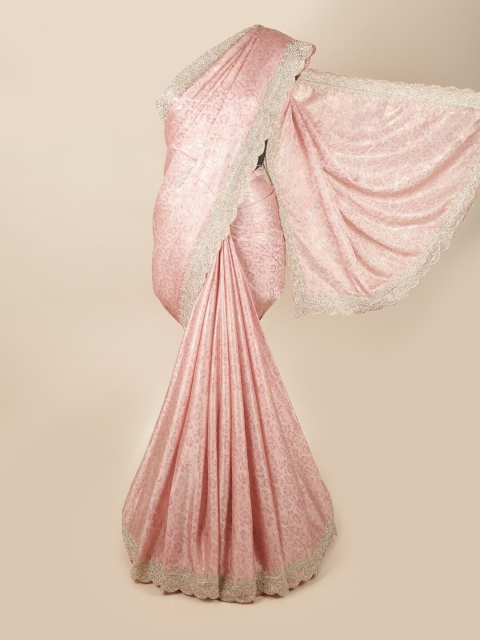 

Pothys Pink & Silver Floral Beads and Stones Satin Saree