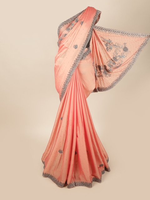 

Pothys Peach-Coloured & Gunmetal-Toned Floral Beads and Stones Embellished Satin Saree