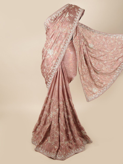 

Pothys Pink & Silver-Toned Floral Beads and Stones Satin Saree