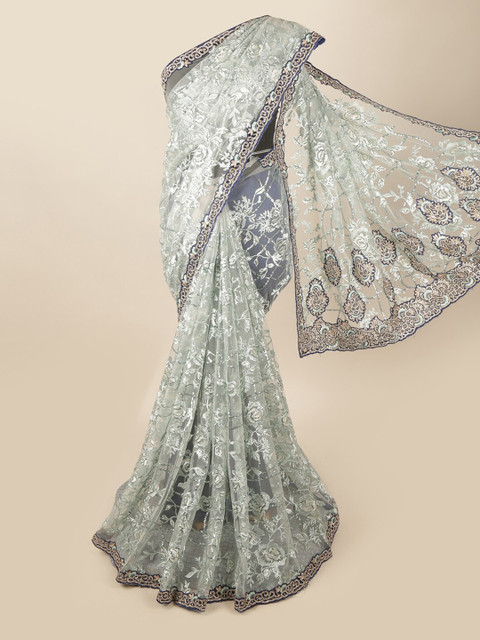 

Pothys Grey & Silver-Toned Floral Beads & Stones Saree