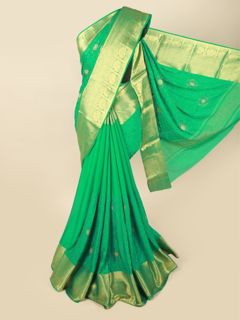 

Pothys Green & Gold-Toned Floral Beads and Stones Saree