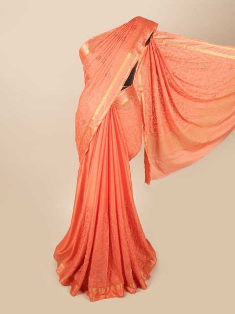 

Pothys Peach-Coloured & Gold-Toned Floral Zari Saree