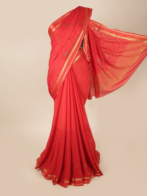 

Pothys Red & Gold-Toned Floral Zari Saree