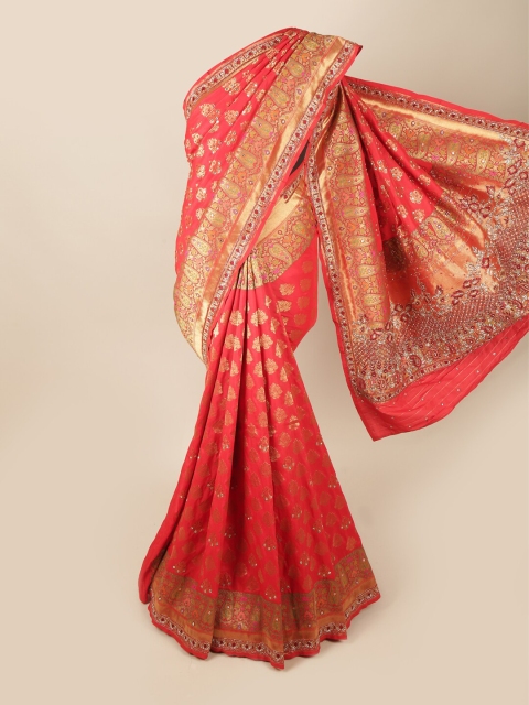 

Pothys Red & Gold-Toned Ethnic Motifs Beads & Stones Saree