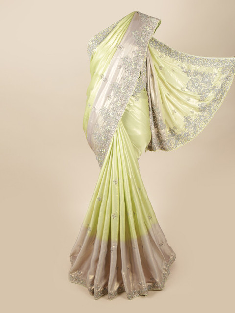 

Pothys Green & Silver-Toned Floral Embroidered Beads and Stones Saree